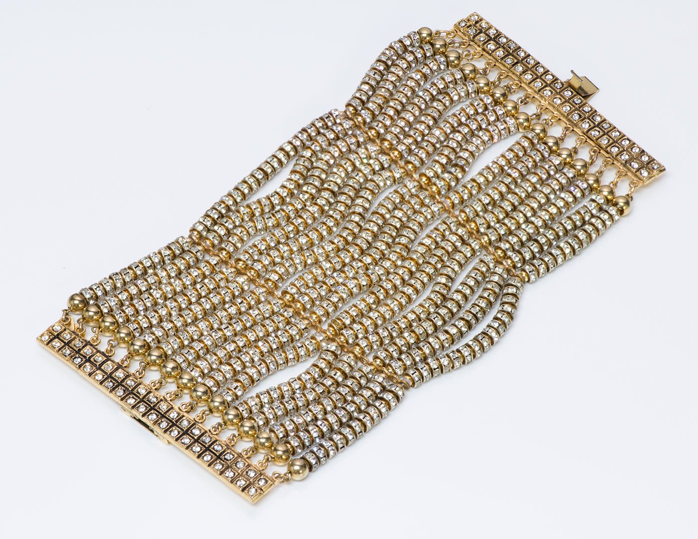 Vintage Valentino Garavani Couture Wide Gold Tone Chain Crystal Cuff Bracelet
