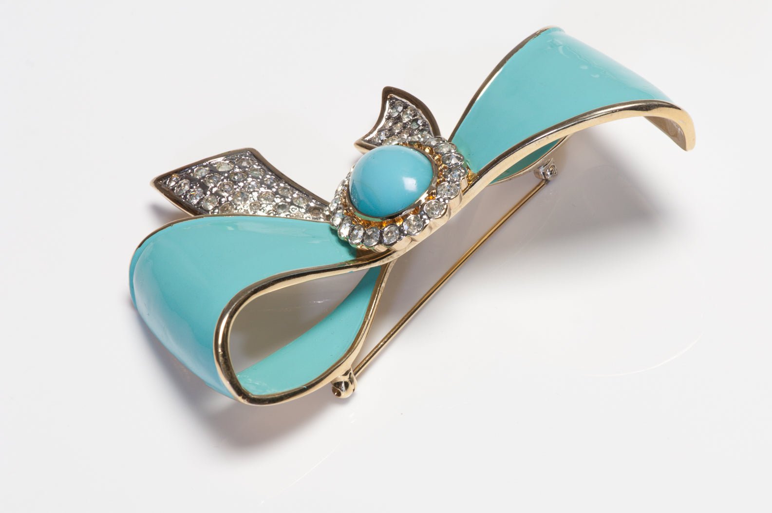 Vintage Valentino Garavani Turquoise Blue Enamel Crystal Bow Brooch