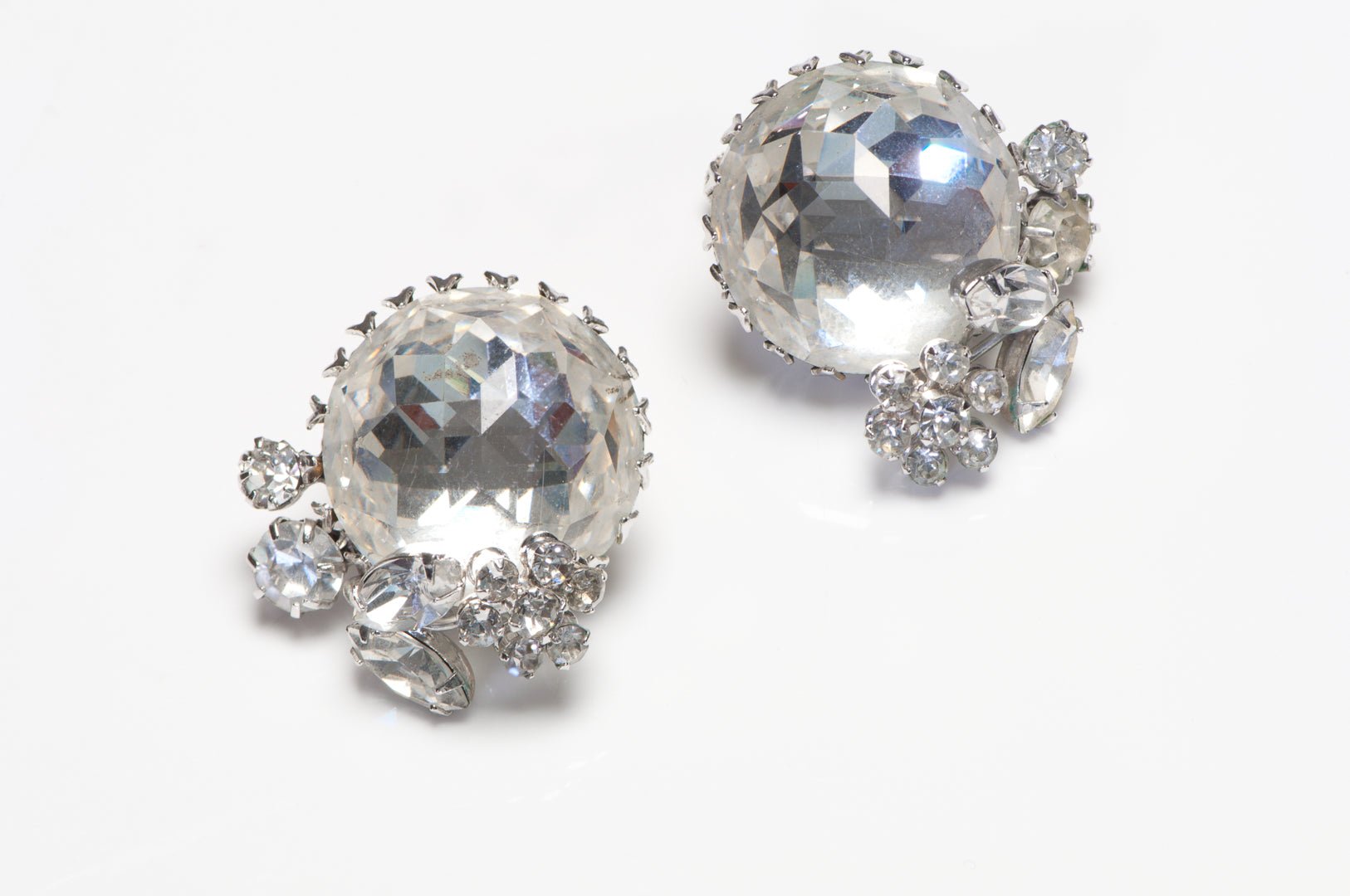 Vintage Vendome Rhodium Plated Faceted Crystal Flower Brooch Earrings Set