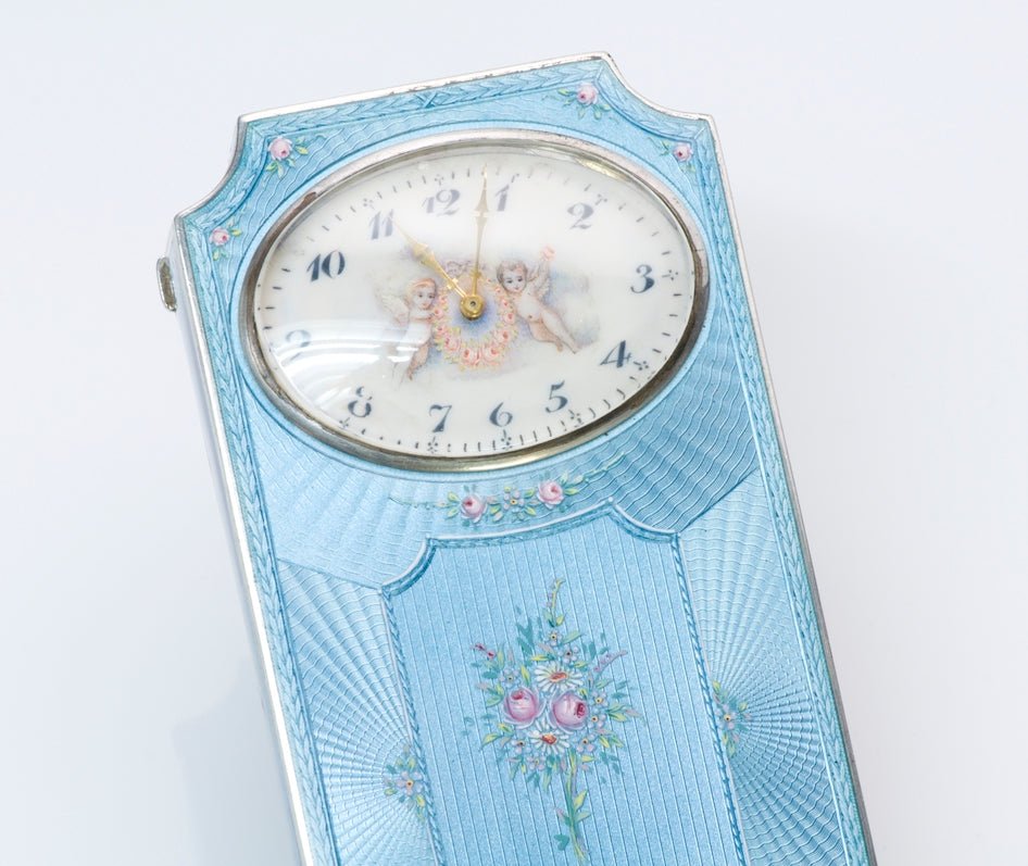 Vintage W. Allemann-Montreux Silver Blue Guilloché Enamel Desk Clock