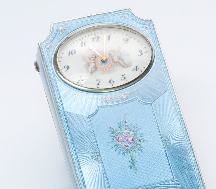 Vintage W. Allemann-Montreux Silver Blue Guilloché Enamel Desk Clock