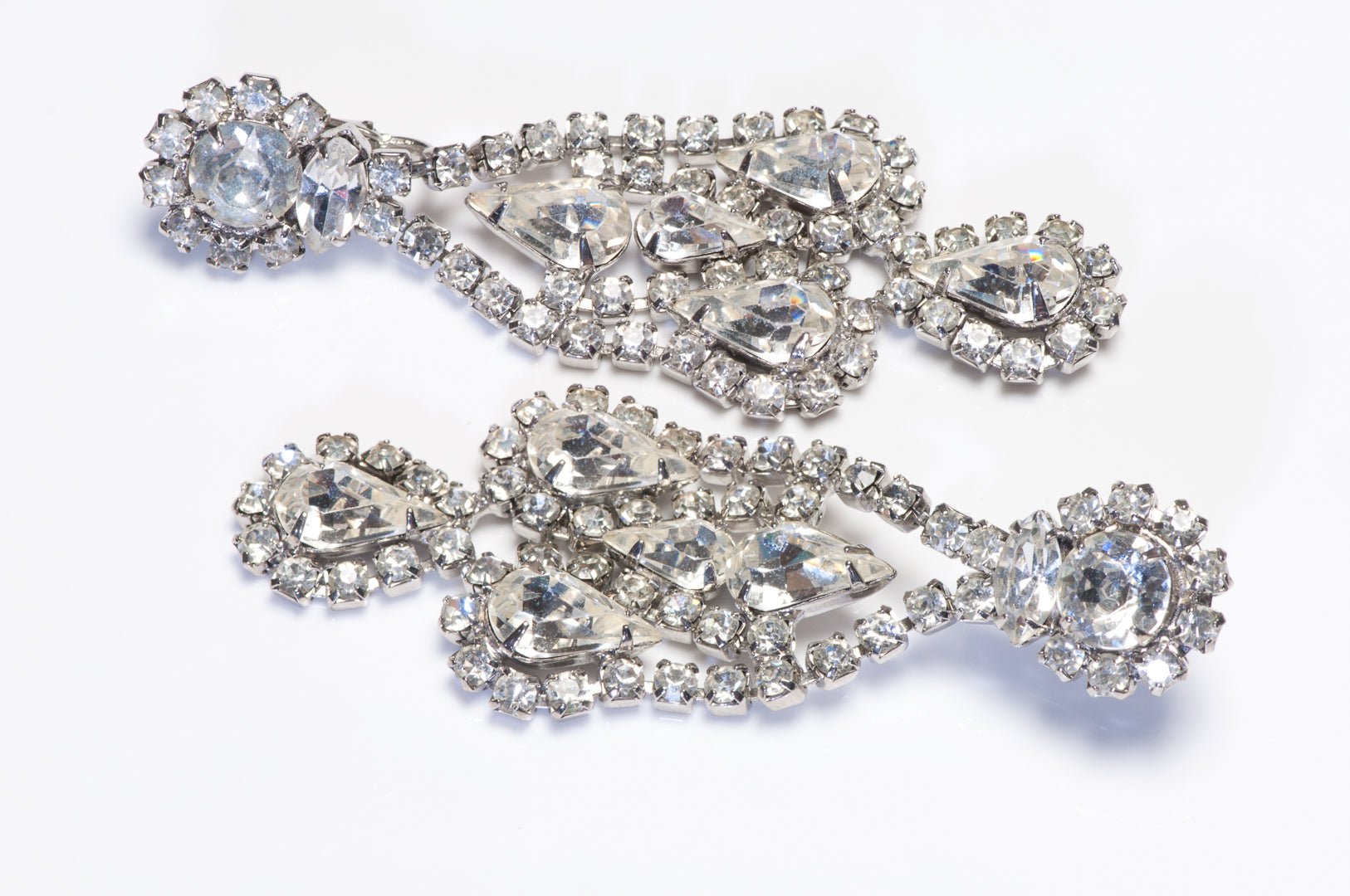 Vintage Weiss Long Rhodium Plated Crystal Chandelier Earrings