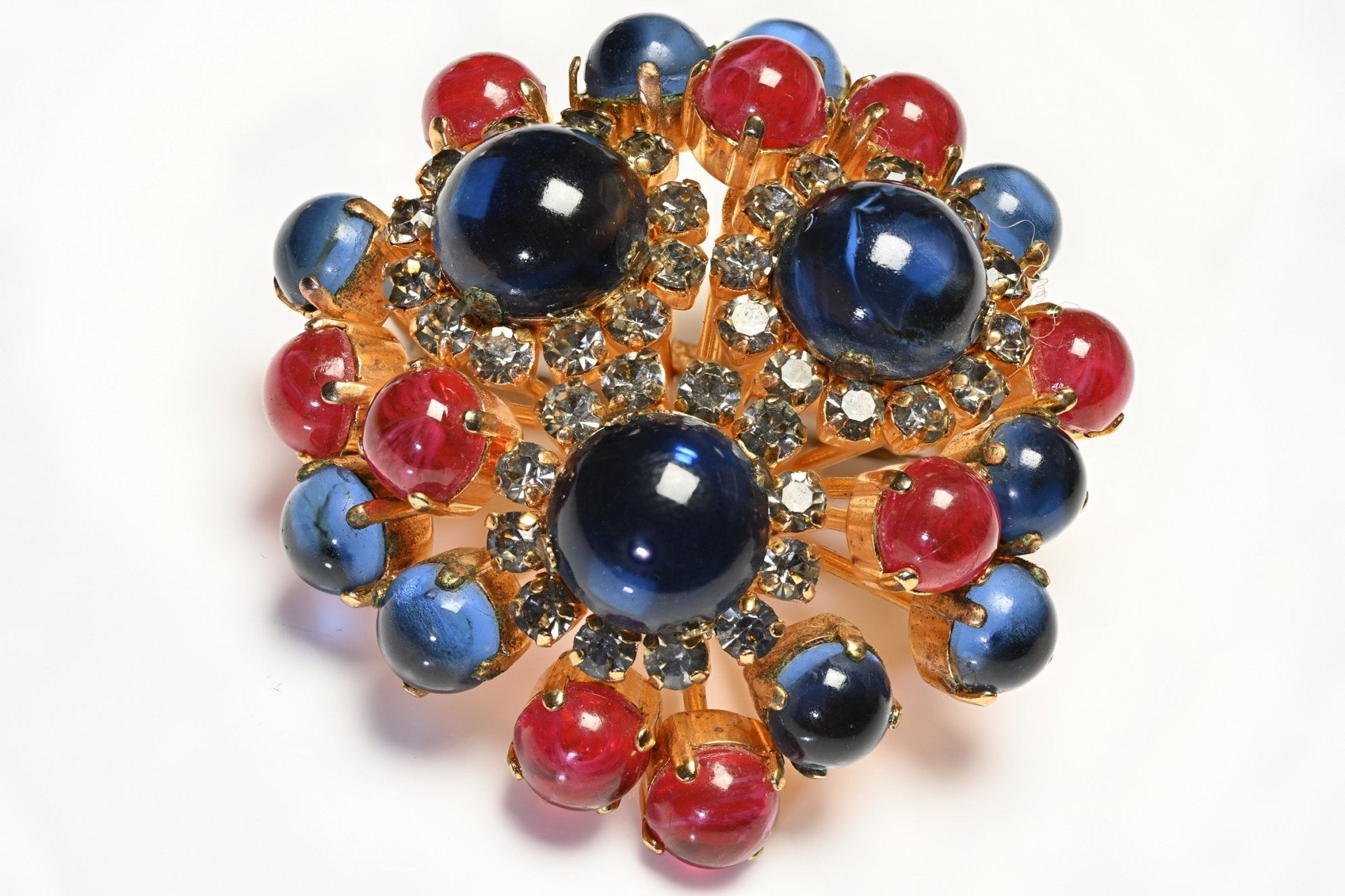 Vintage West Germany Blue Red Cabochon Glass Crystal Sputnik Starburst Brooch