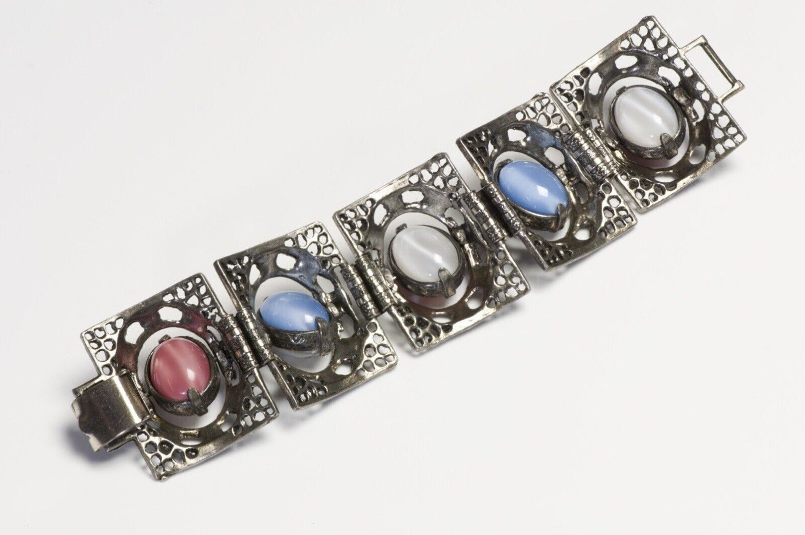 Vintage Wide Red Blue Opaline Cabochon Glass Crystal Interchangeable Bracelet