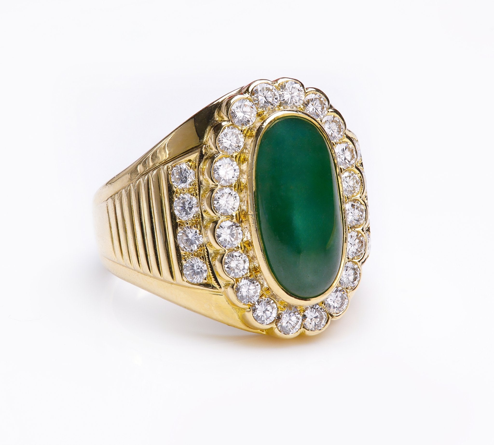 Vintage Yellow Gold Brilliant Diamond Oval Jade Ring