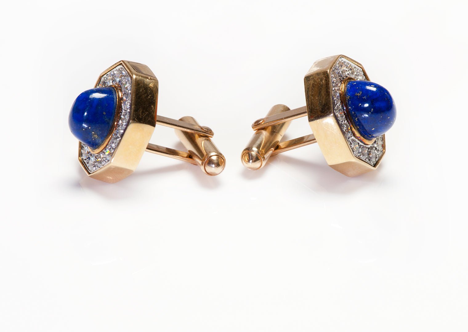 Vintage Yellow Gold Diamond Cabochon Lapis Mens Cufflinks