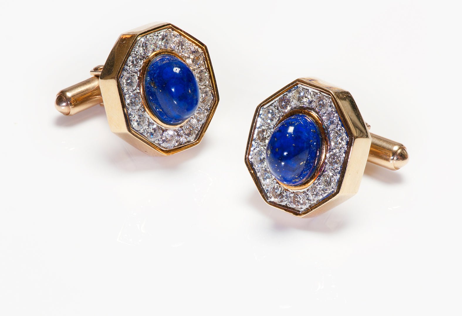 Vintage Yellow Gold Diamond Cabochon Lapis Mens Cufflinks