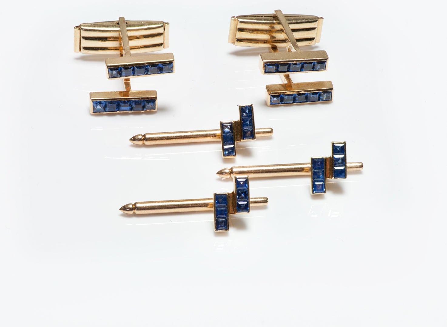 Vintage Yellow Gold Sapphire Cufflink & Stud Set