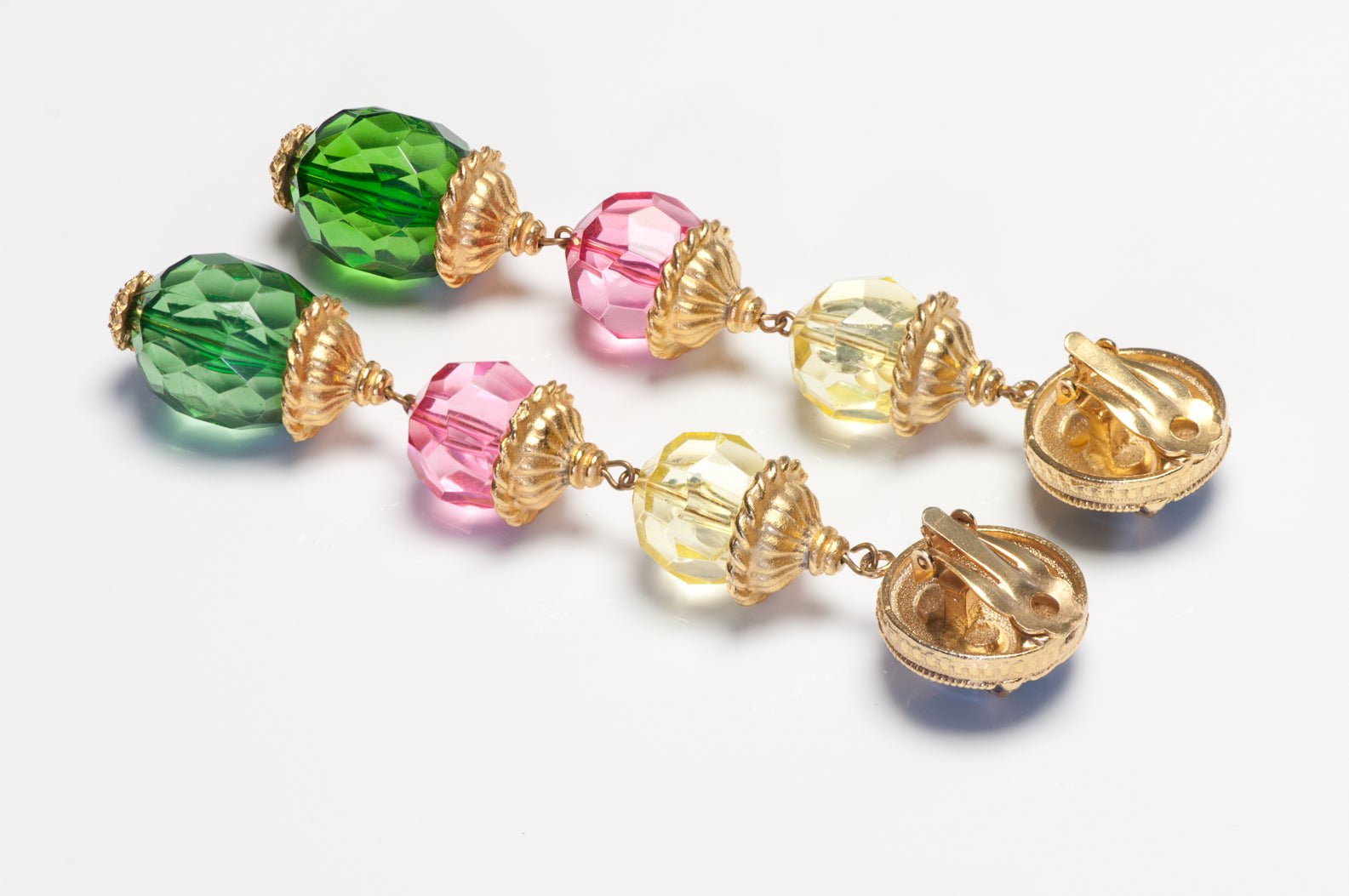 Vintage Yosca Enamel Green Pink Glass Crystal Shoulder Duster Earrings
