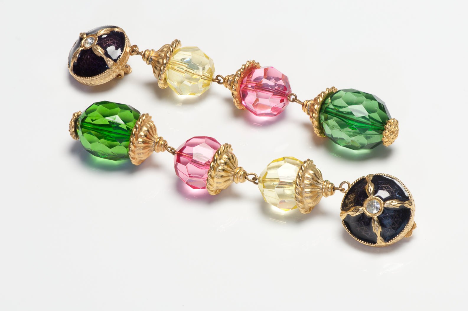 Vintage Yosca Enamel Green Pink Glass Crystal Shoulder Duster Earrings