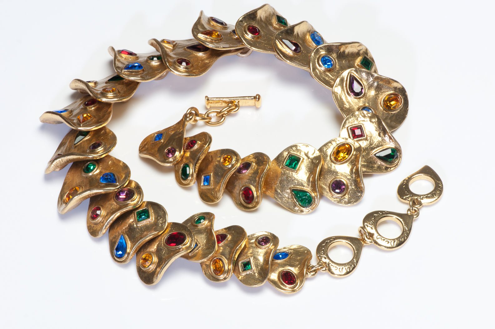 Vintage Yves Saint Laurent Gold Plated Blue Green Red Crystal Heart Necklace