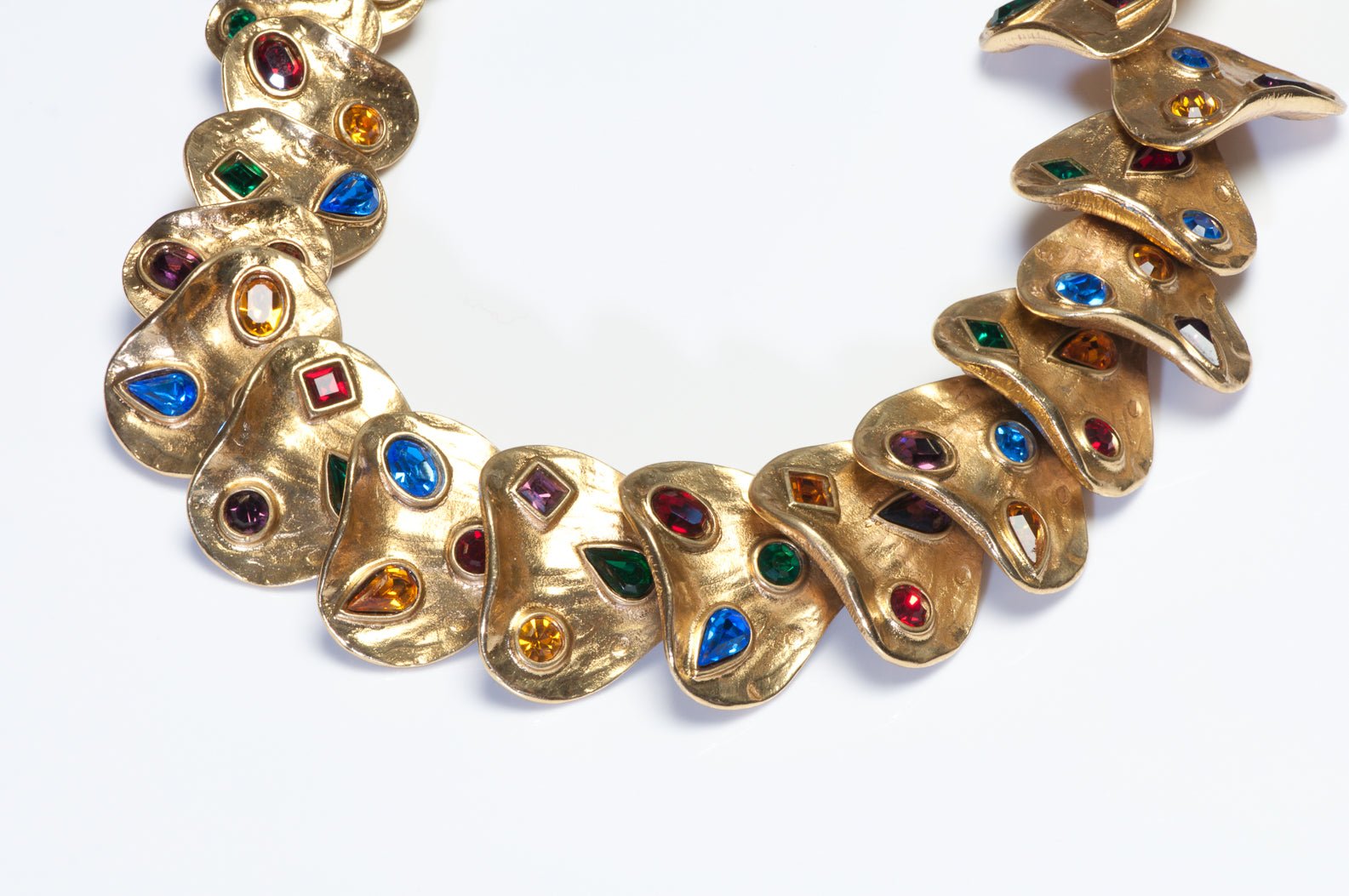 Vintage Yves Saint Laurent Gold Plated Blue Green Red Crystal Heart Necklace