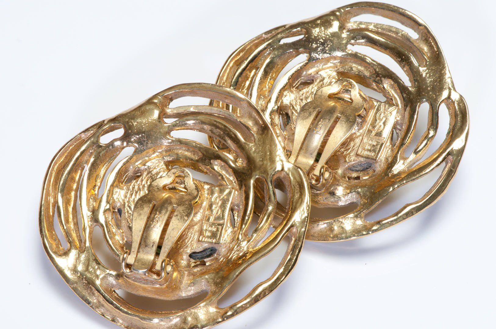 Vintage Yves Saint Laurent Large Gold Plated Green Cabochon Swirl Earrings