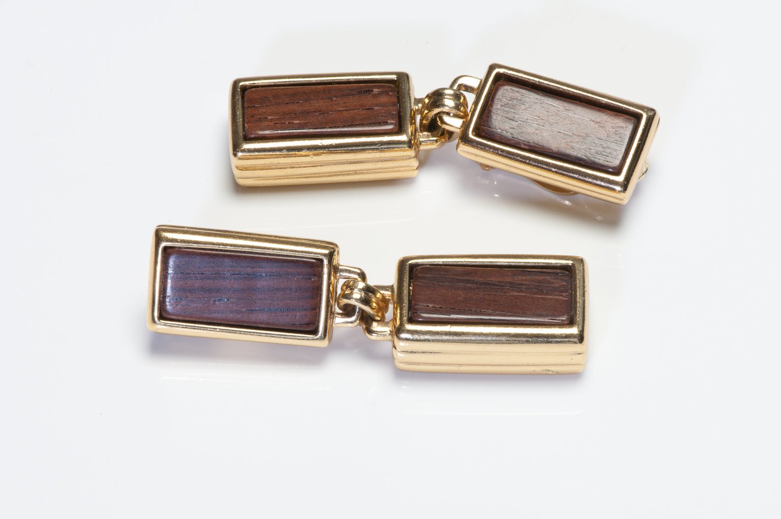 Vintage Yves Saint Laurent Long Gold Plated Brown Wood Earrings