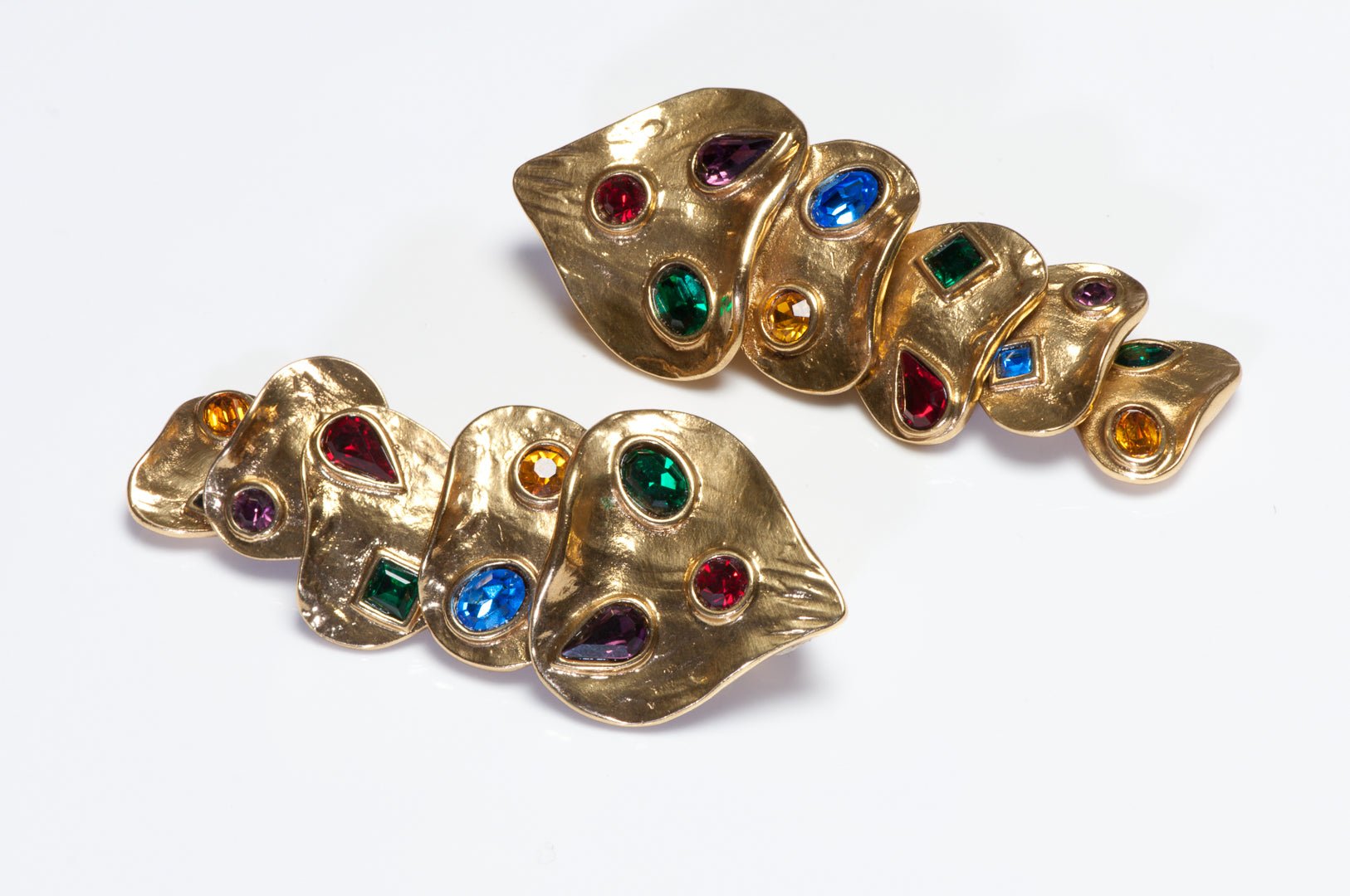 Vintage Yves Saint Laurent Paris Green Purple Pink Blue Crystal Heart Earrings