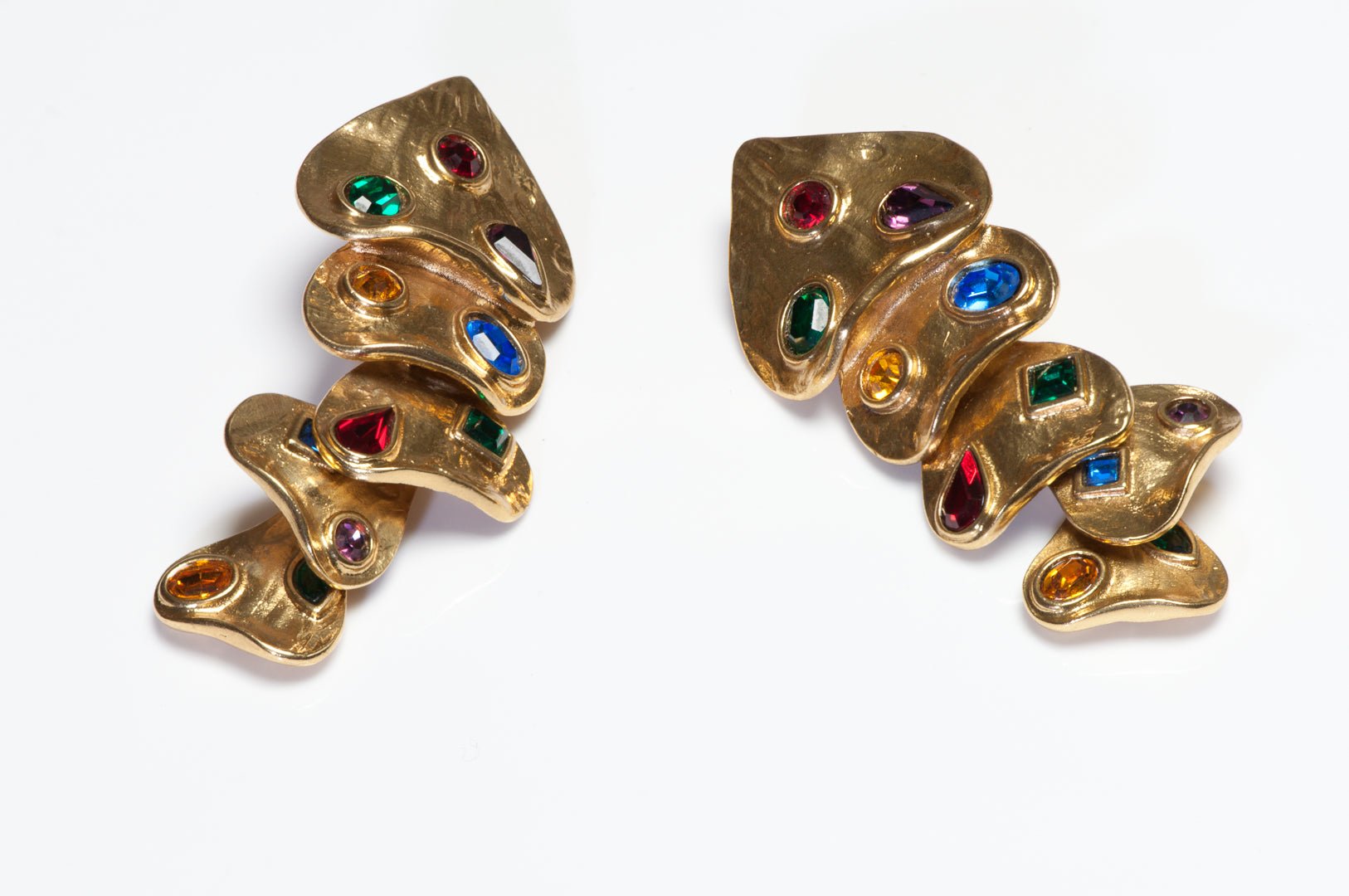 Vintage Yves Saint Laurent Paris Green Purple Pink Blue Crystal Heart Earrings