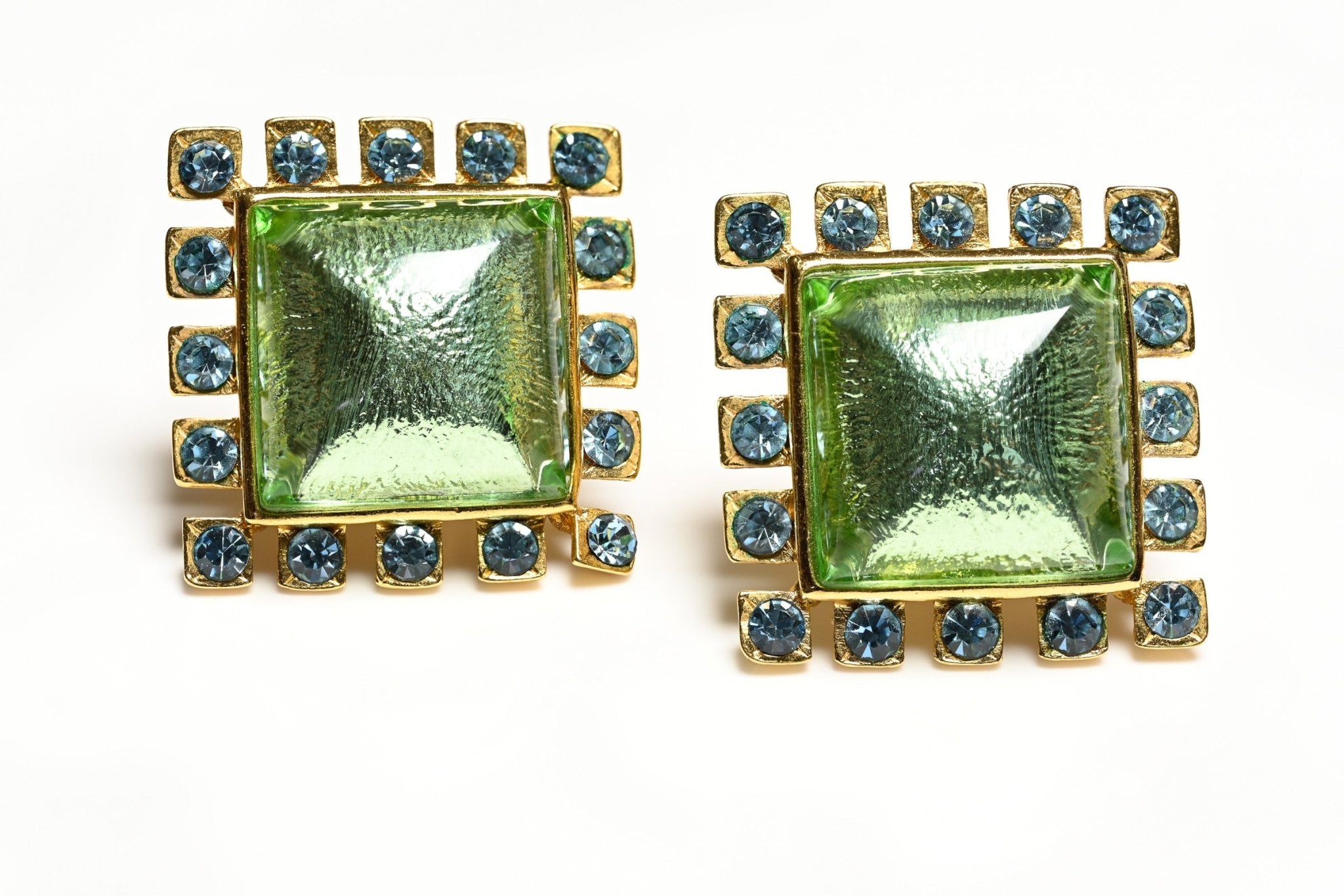 Vintage Yves Saint Laurent Paris Large Green Cabochon Blue Crystal Square Earrings