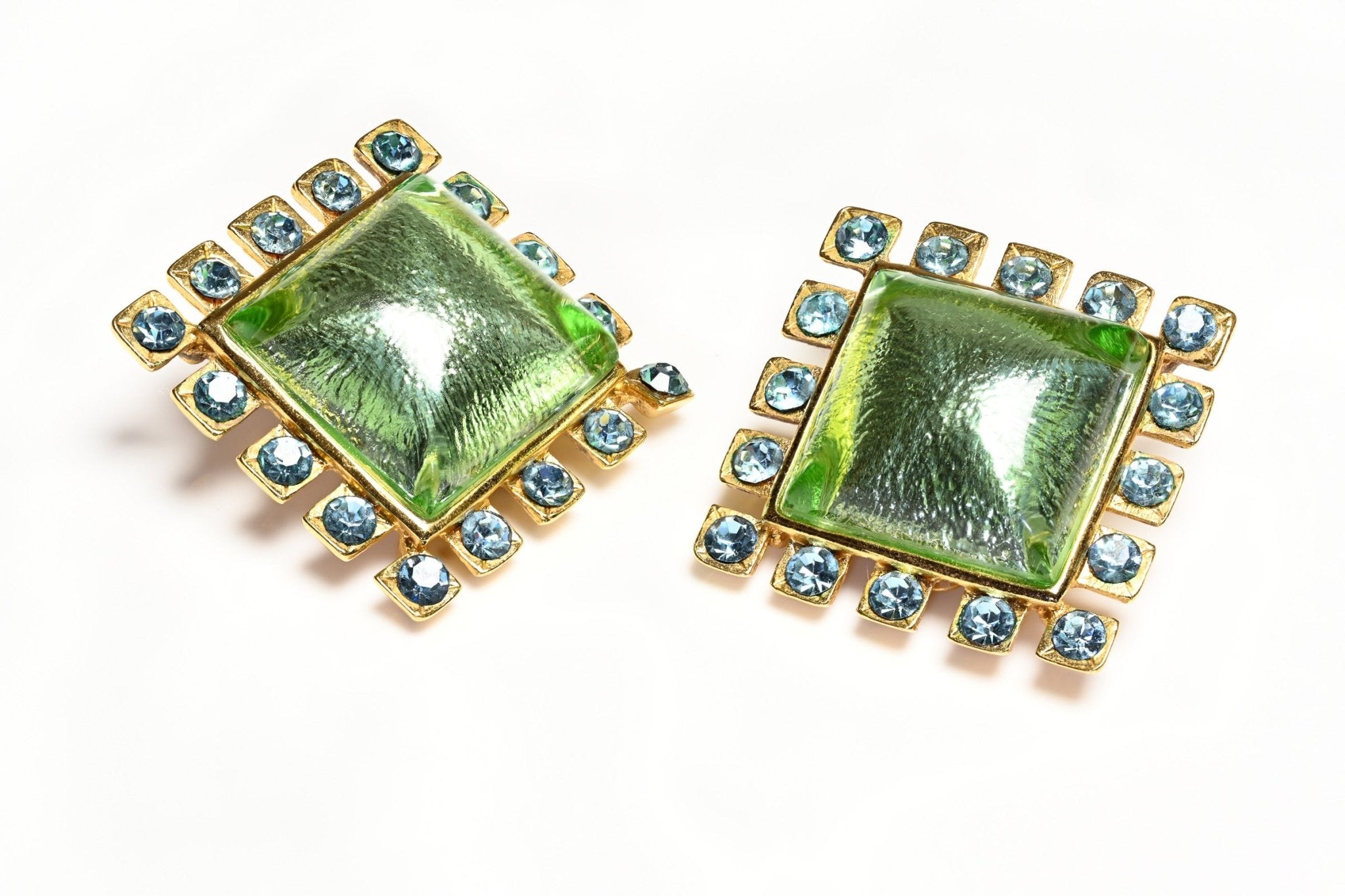 Vintage Yves Saint Laurent Paris Large Green Cabochon Blue Crystal Square Earrings