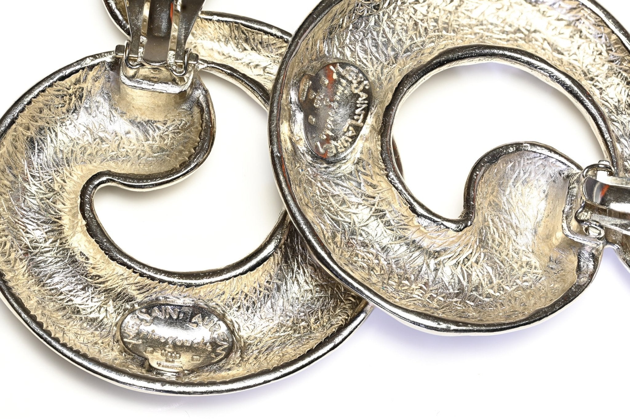 Vintage Yves Saint Laurent Paris Rive Gauche Silver Tone Hammered Swirl Earrings
