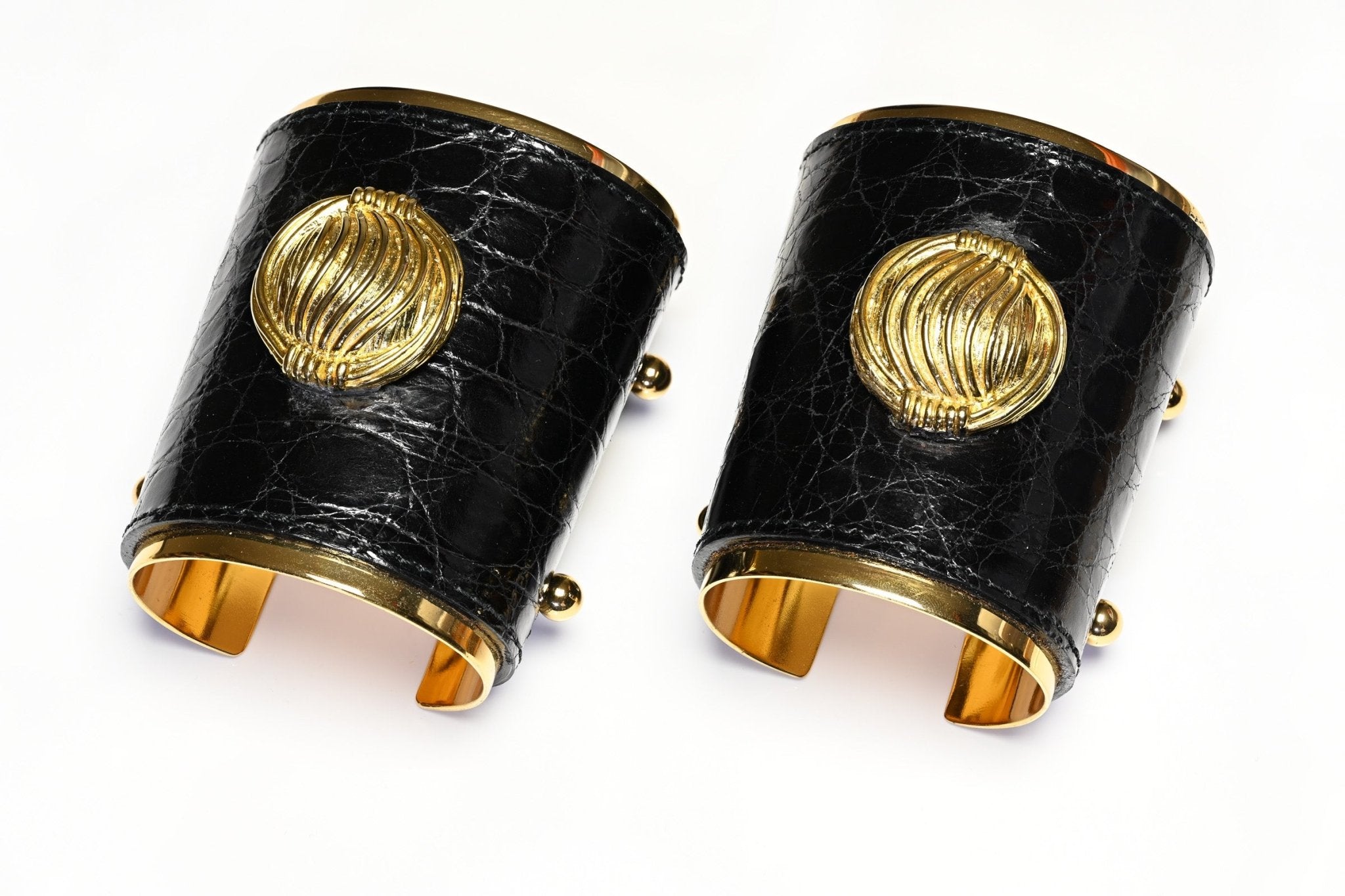 Vintage Yves Saint Laurent Paris Wide Black Crocodile Charm Pair of Cuffs Bracelets
