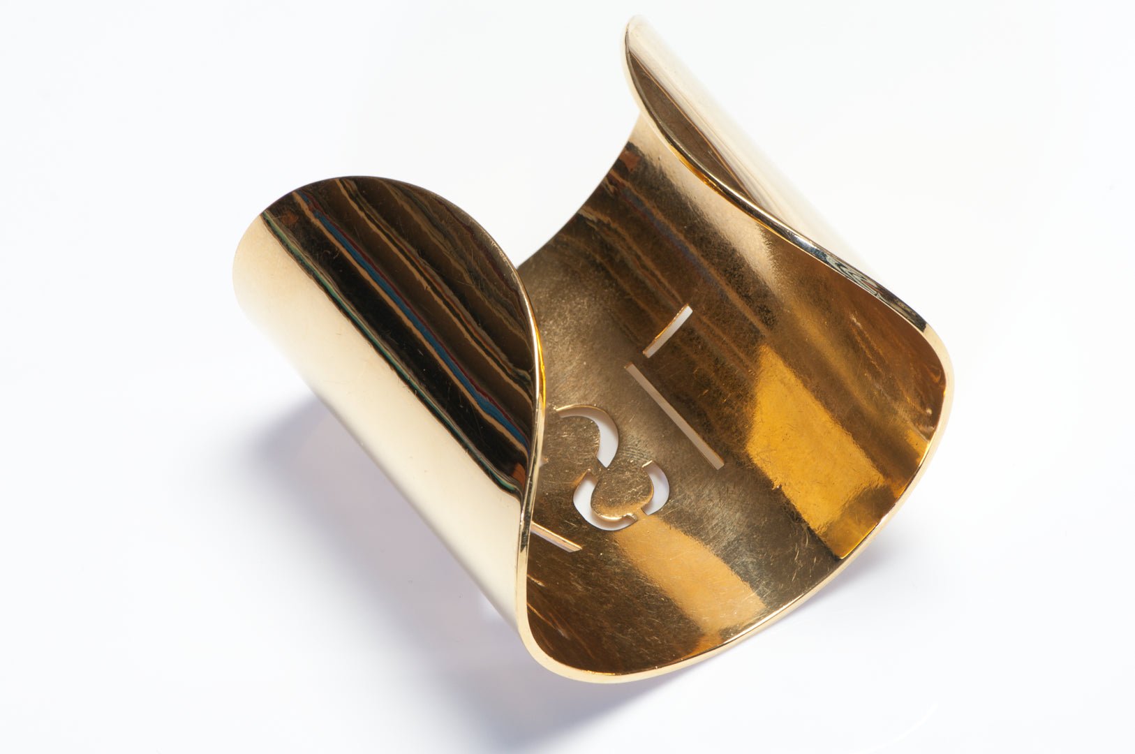 Vintage Yves Saint Laurent Paris YSL Wide Gold Plated Logo Cuff Bracelet