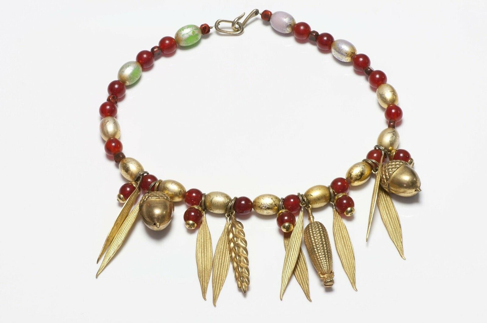 Vintage Yves Saint Laurent Red Beads Corn Acorn Wheat Charm Necklace