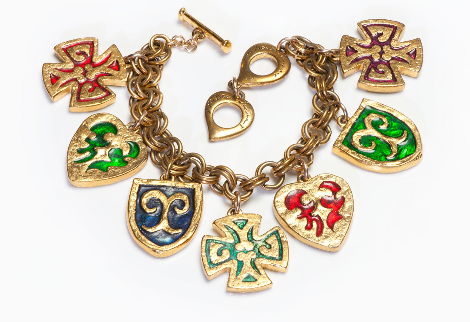 Vintage Yves Saint Laurent Red Green Enamel Heart Maltese Cross Charm Bracelet