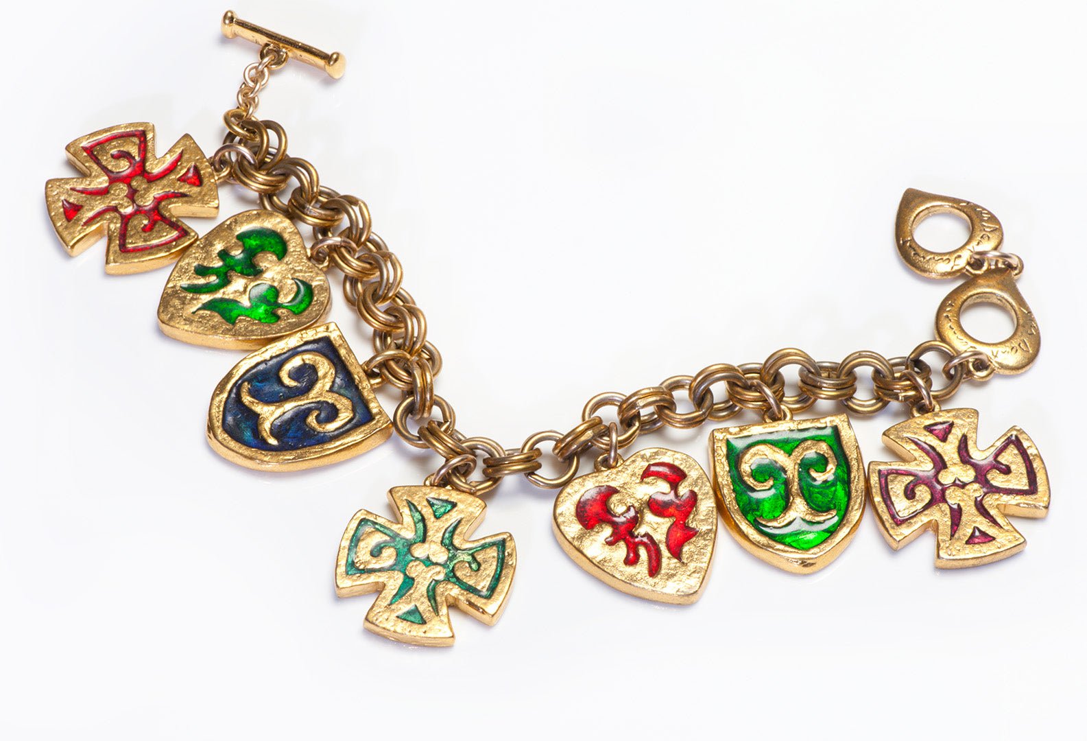 Vintage Yves Saint Laurent Red Green Enamel Heart Maltese Cross Charm Bracelet