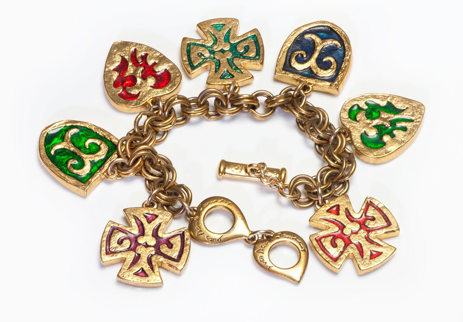 Vintage Yves Saint Laurent Red Green Enamel Heart Maltese Cross Charm Bracelet