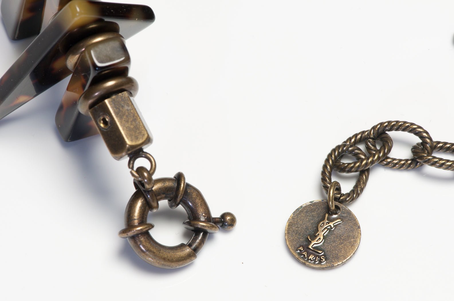 Vintage Yves Saint Laurent Rive Gauche Faux Tortoise Resin Logo Charm Necklace