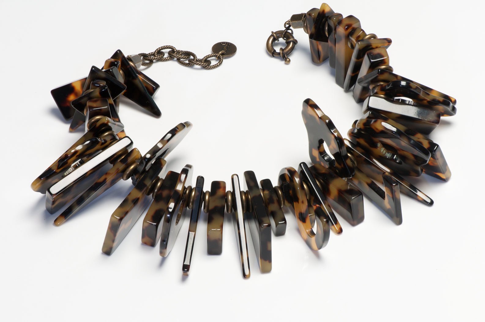 Vintage Yves Saint Laurent Rive Gauche Faux Tortoise Resin Logo Charm Necklace