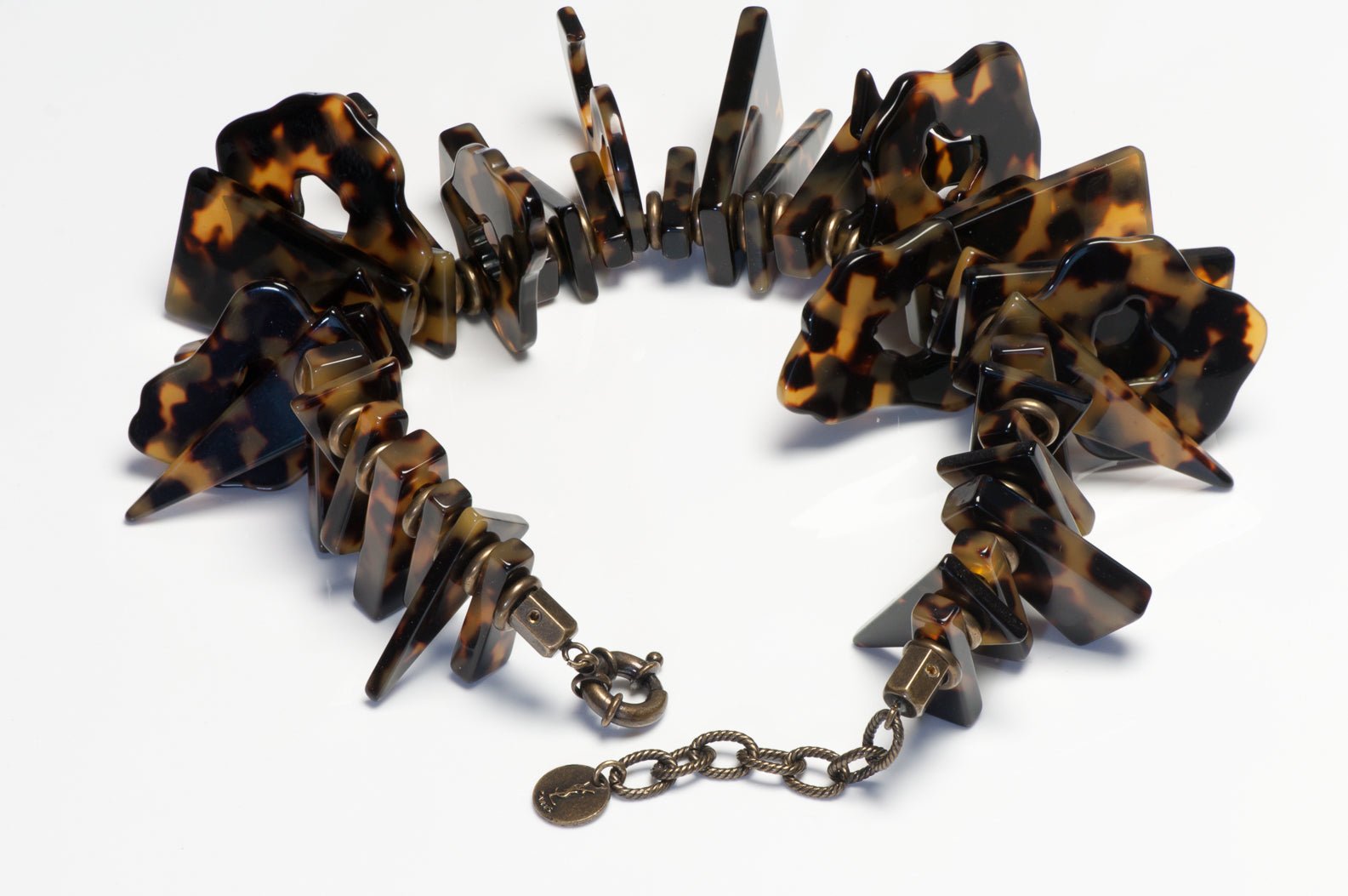 Vintage Yves Saint Laurent Rive Gauche Faux Tortoise Resin Logo Charm Necklace