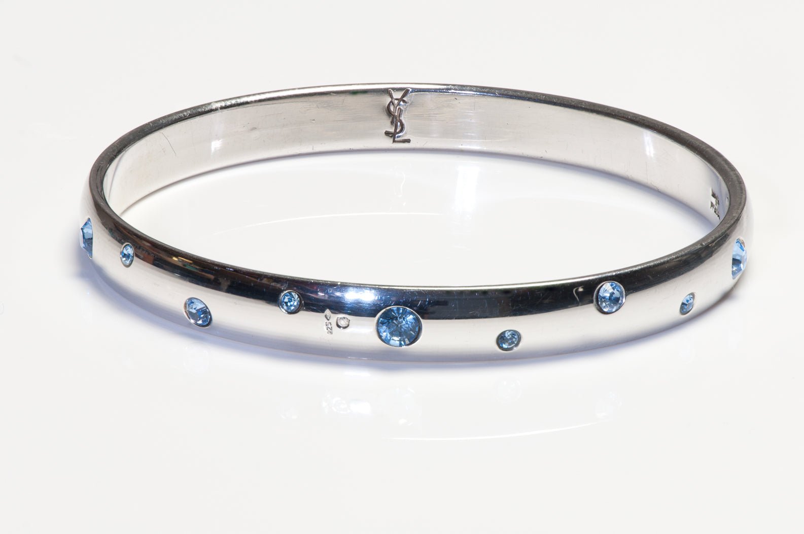 Vintage Yves Saint Laurent Sterling Silver Blue Crystal Bangle Bracelet