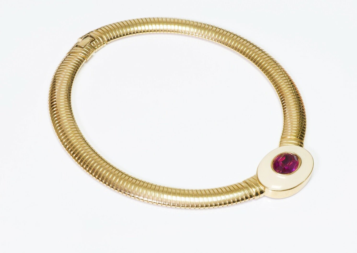 Vintage Yves Saint Laurent YSL Enamel Pink Crystal Tubogas Necklace