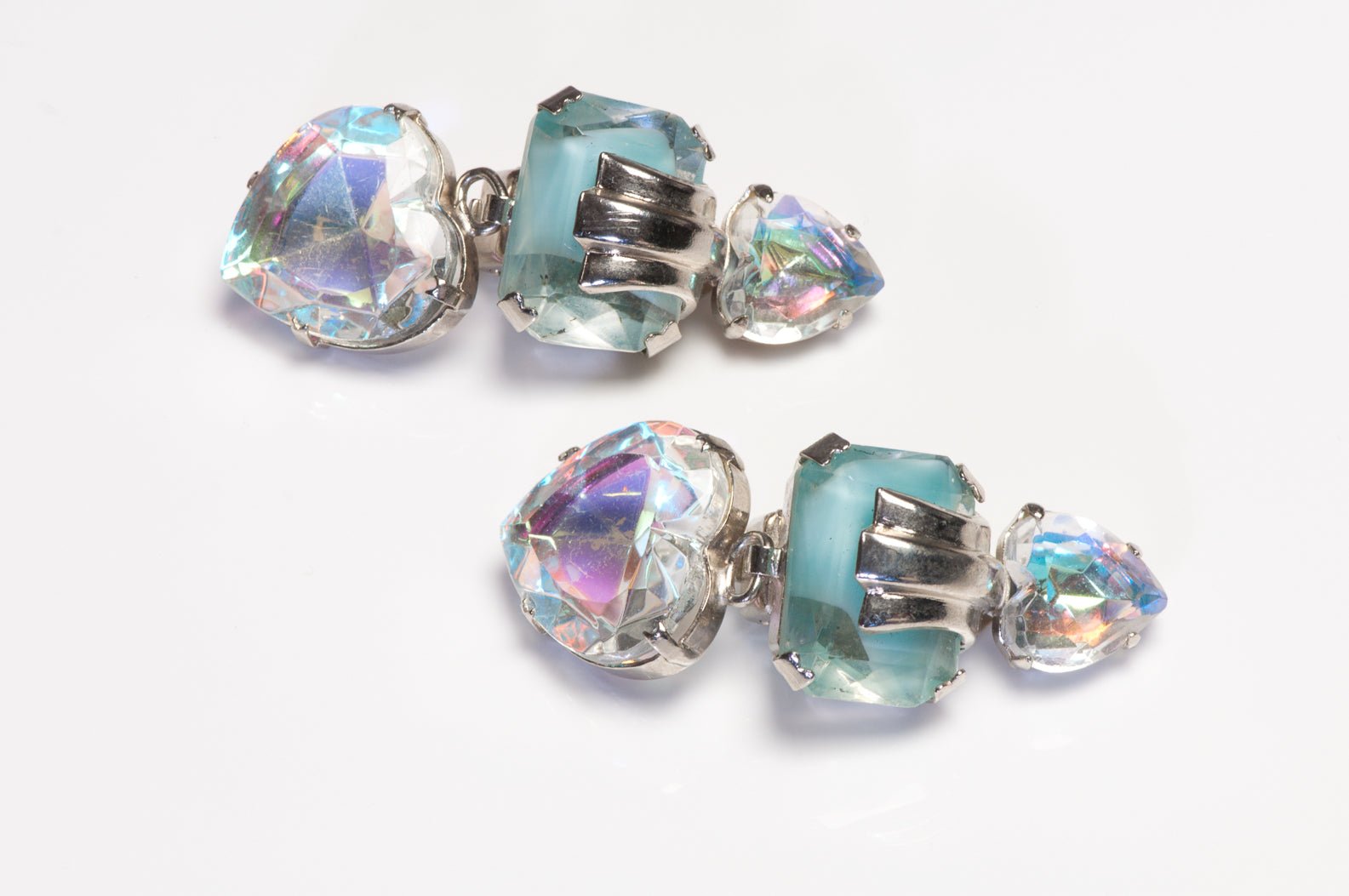 Vintage Zoe Coste Blue Crystal Aurora Borealis Heart Earrings