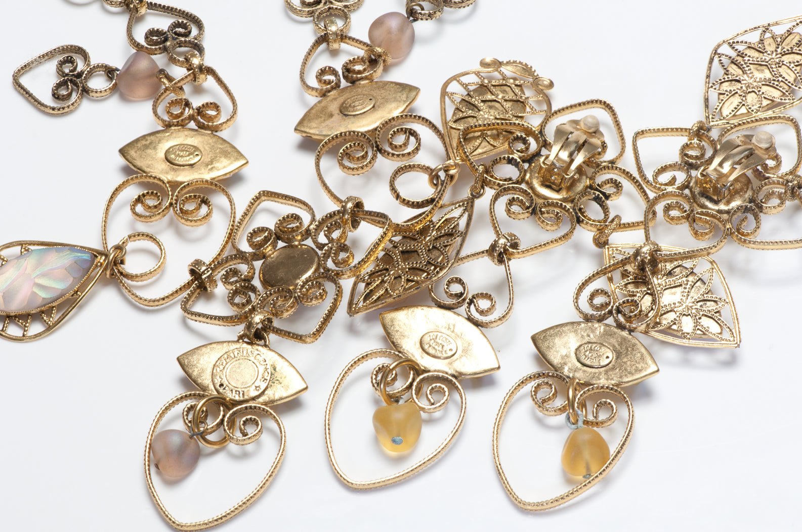 Vintage Zoe Coste Paris Opaline Carved Lucite Filigree Heart Earrings Necklace Set