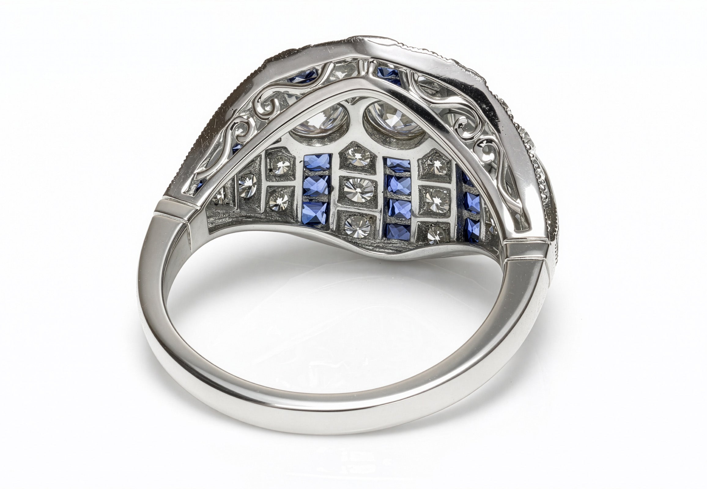 Art Deco Diamond Platinum Ring with French-Cut Sapphires