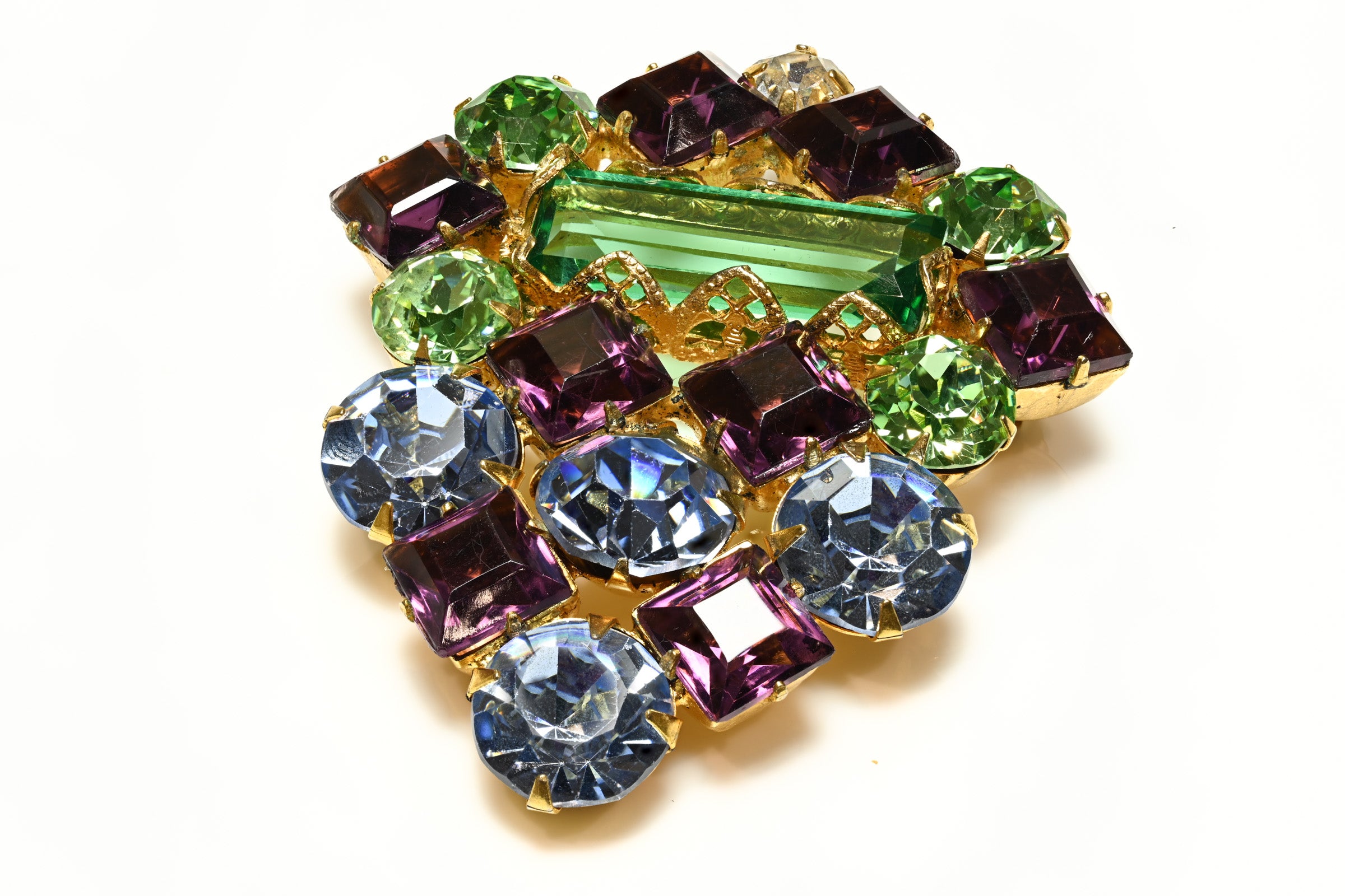 Vintage 1950's Green Purple Blue Crystal Geometric Brooch