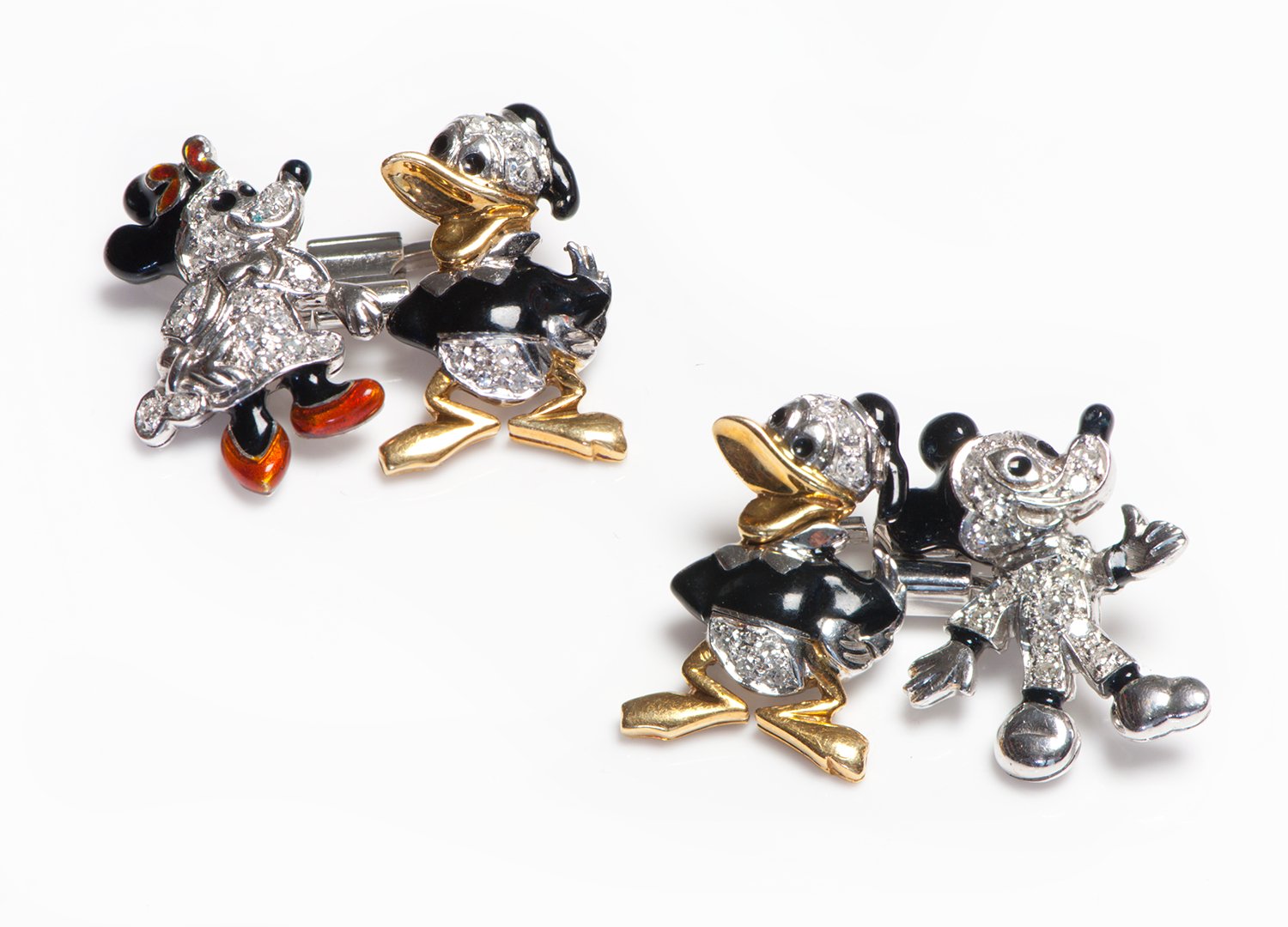 Walt Disney Mickey Mouse Donald Duck 18K Gold Diamond Enamel Cufflink Stud Set