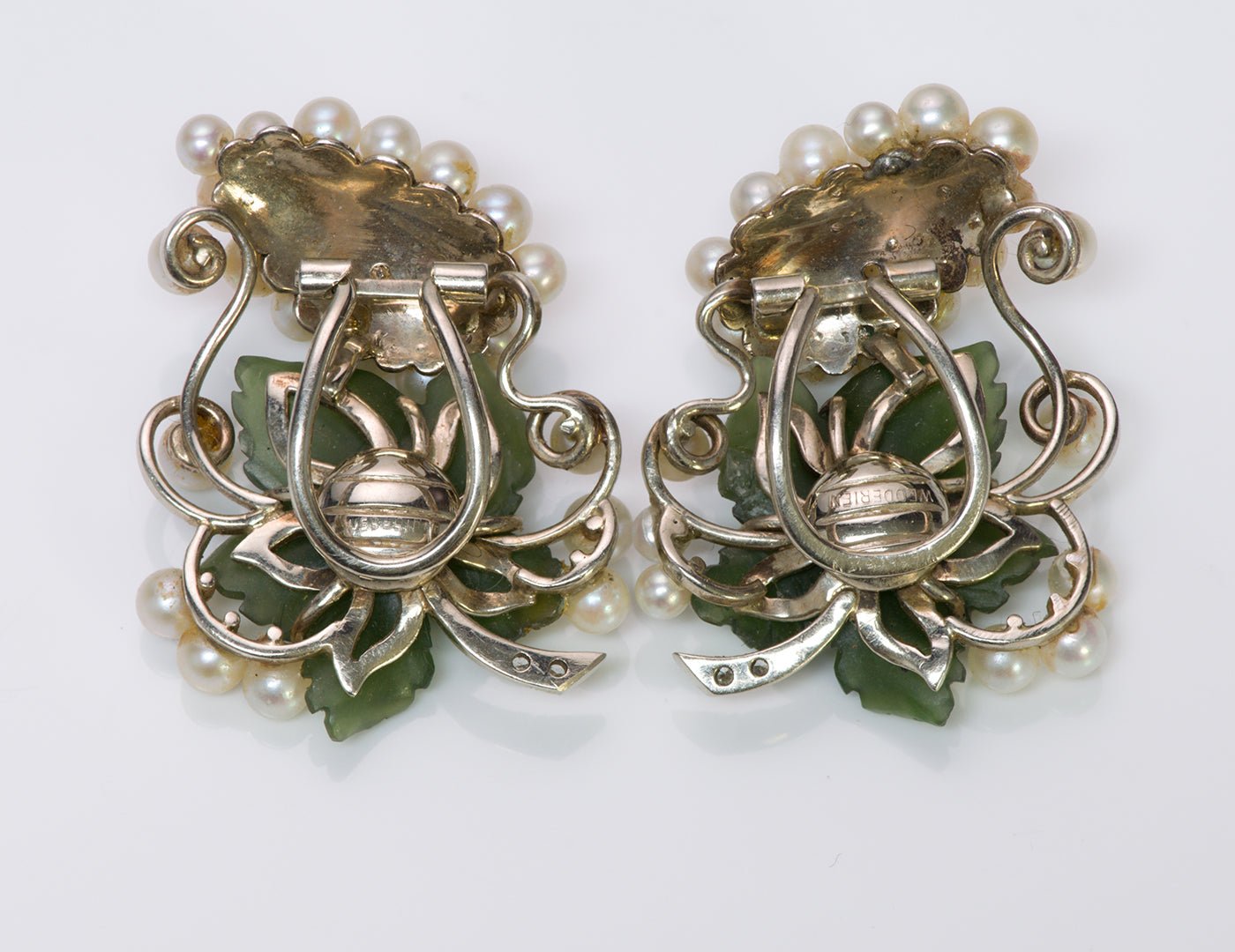 Wedderien Nephrite Jade Pearl Diamond Earrings Brooch