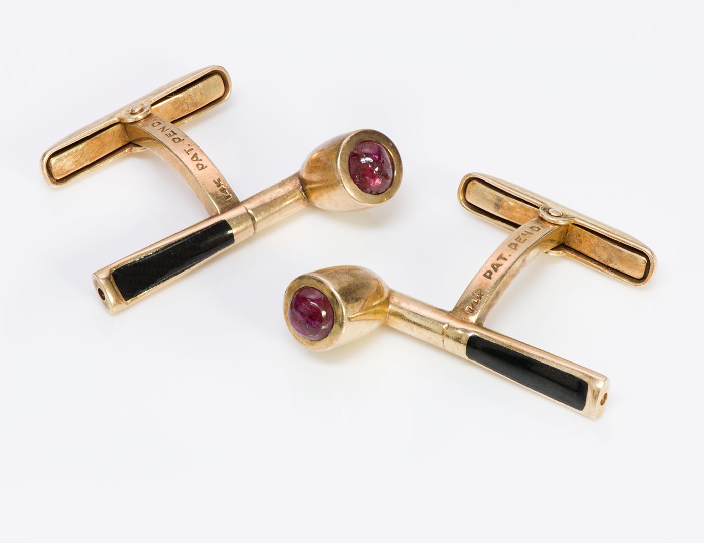 Whimsical Smoking Pipe Gold Enamel Ruby Cufflinks