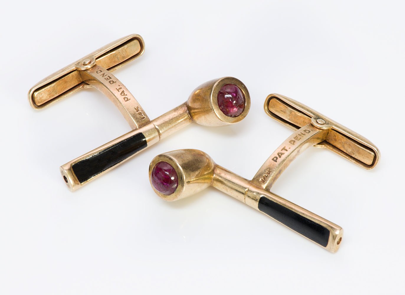 Whimsical Smoking Pipe Gold Enamel Ruby Cufflinks