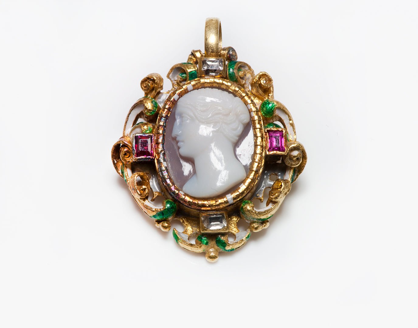 Wiese Antique Gold Diamond Ruby & Enamel Renaissance Revival Cameo Pendant