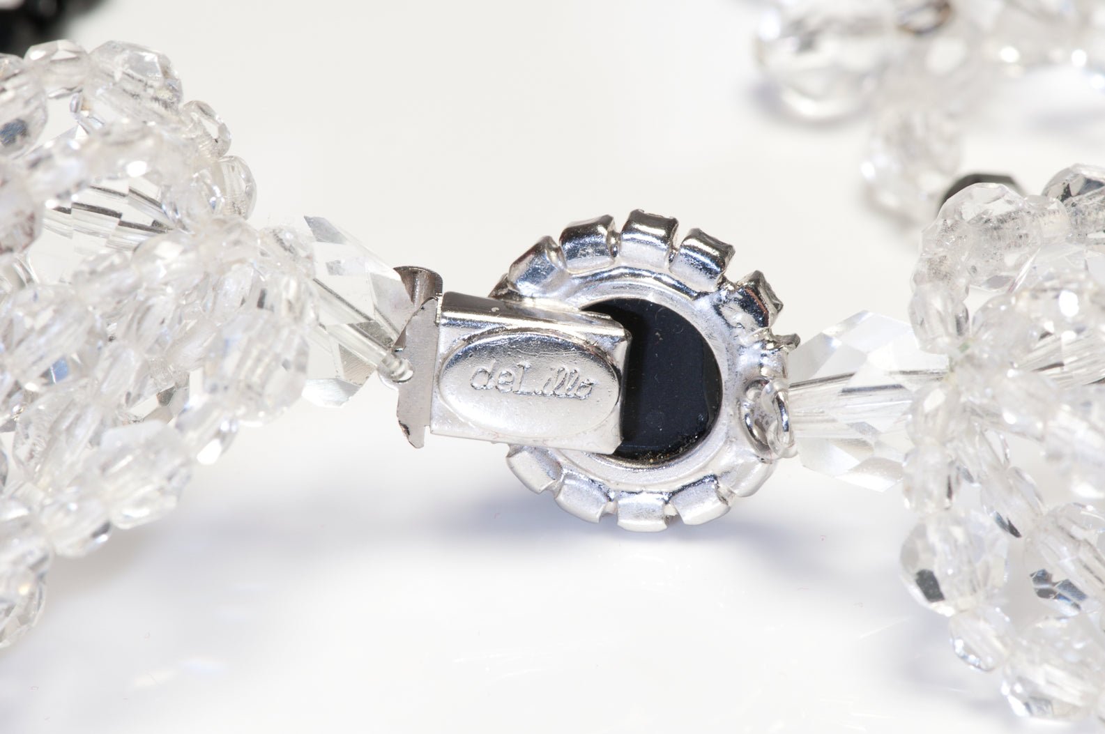 William DeLillo 1970’s Black Clear Crystal Beads Waterfall Collar Necklace