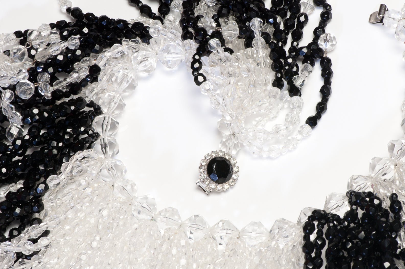 William DeLillo 1970’s Black Clear Crystal Beads Waterfall Collar Necklace