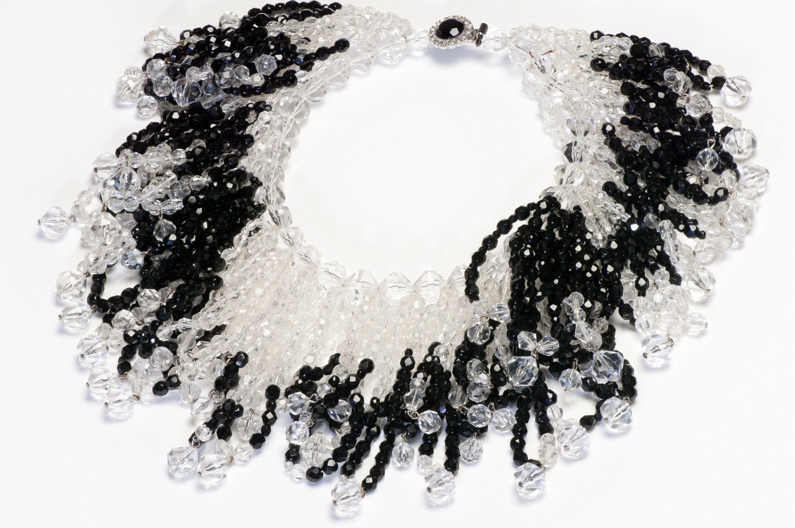 William DeLillo 1970’s Black Clear Crystal Beads Waterfall Collar Necklace