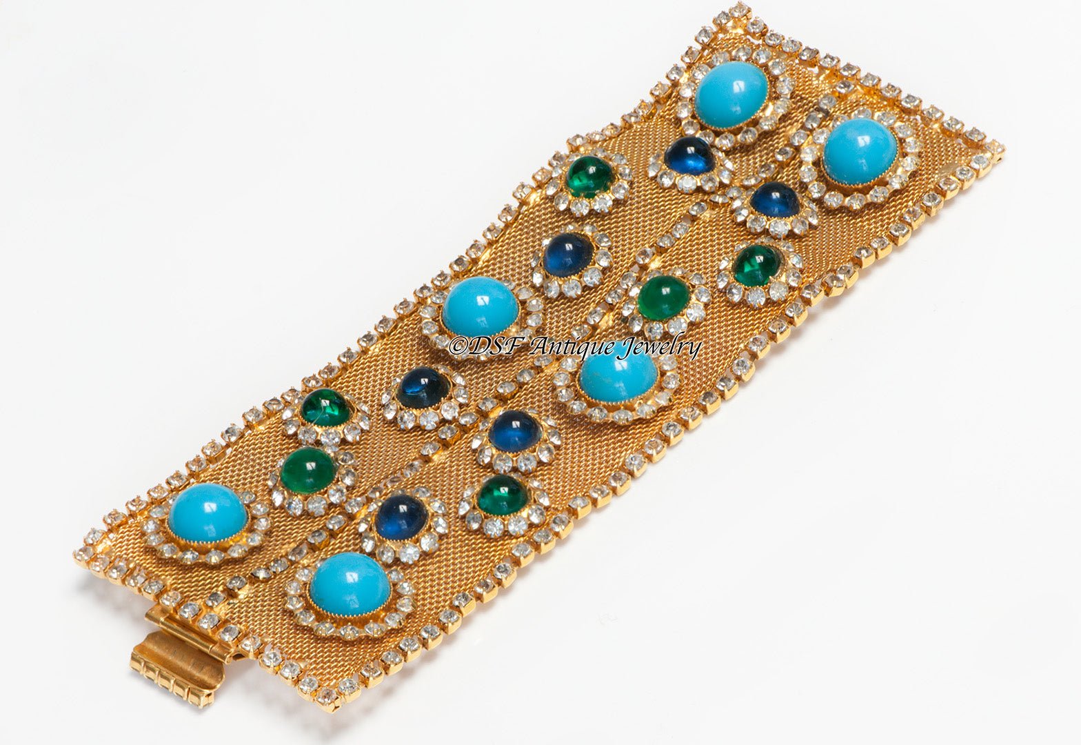 William DeLillo 1970's Wide Mesh Metal Crystal Glass Bracelet