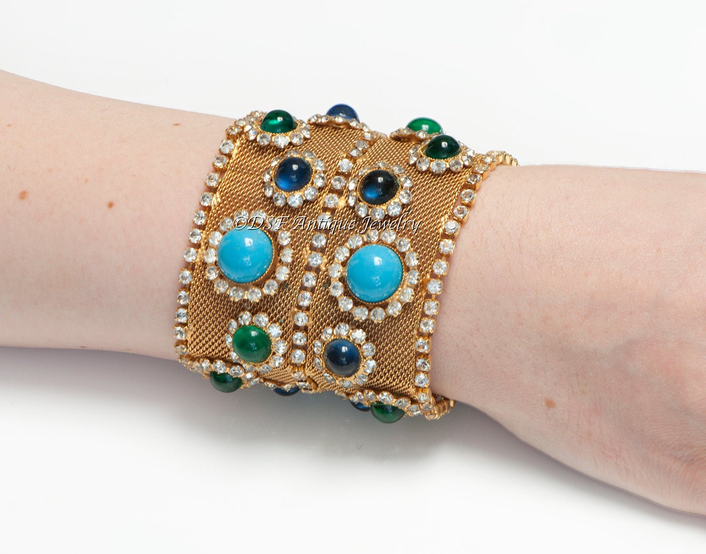 William DeLillo 1970's Wide Mesh Metal Crystal Glass Bracelet