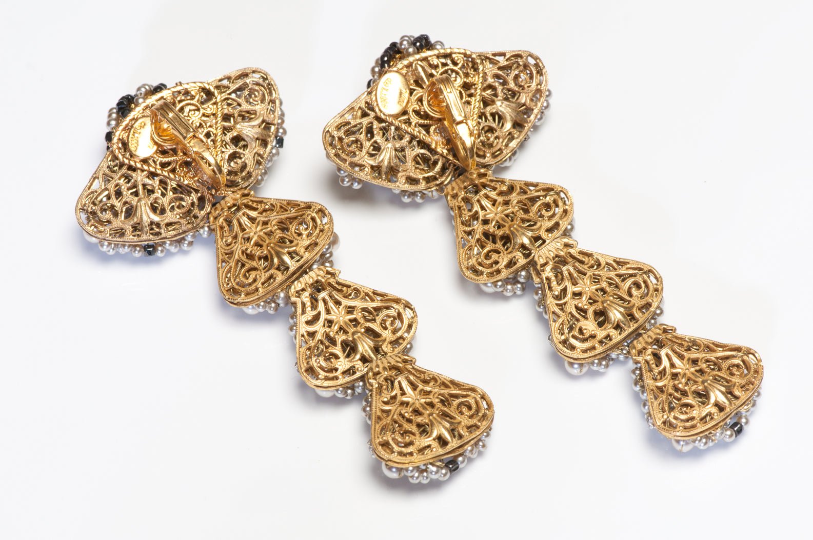 William DeLillo Couture 1970’s Long Pearl Crystal Beaded Drop Earrings
