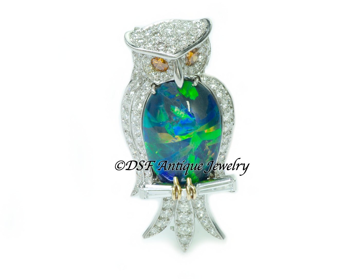 William Ruser Black Opal Diamond Platinum Owl Brooch
